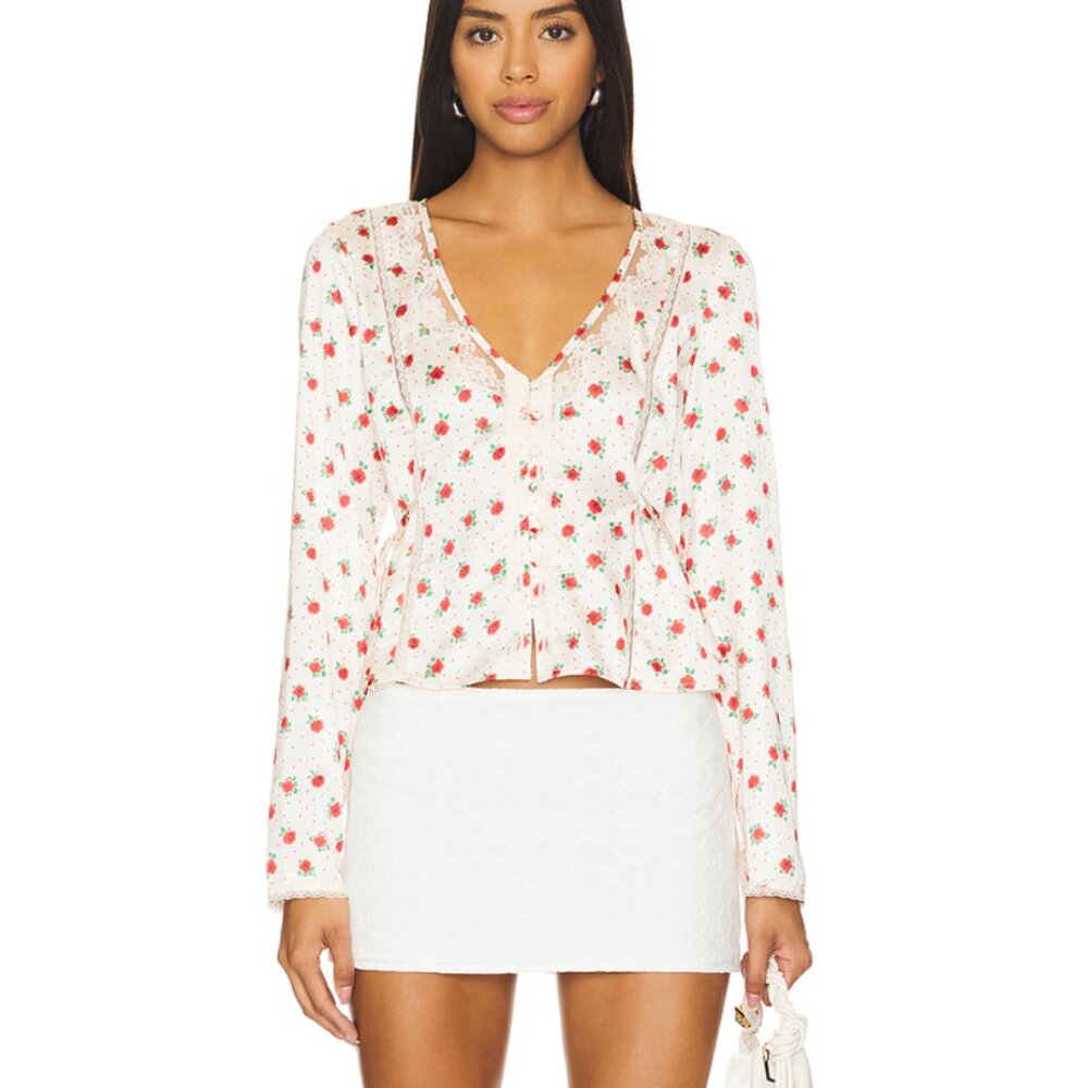 NEW Free People Field Of Roses Top Ivory Combo White Red Long Sleeve Blouse